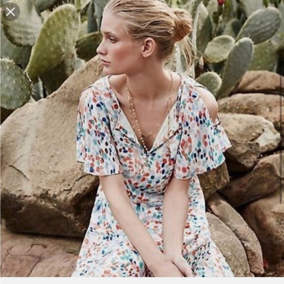 Maeve Anthro Watercolor Pastel Orange Blue Dot Flutter Sleeve Cutout Dress XS - Picture 2 of 8